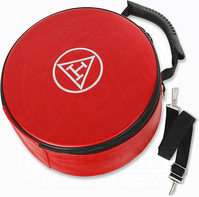 Masonic Royal Arch Chapter Crown Cap Case – Foldable 9”x9” Red Faux Leather Hat Box with Embroidered Triple Tau Emblem & Adjustable Shoulder Strap – Lightweight & Travel-Friendly