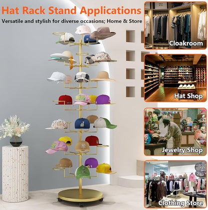 8 Tier Hat Rack with 40 Hooks for Hanging Hats or Wigs, Freestanding Hat Rack Stand, Metal Hat Organizer Rack, Rolling Retail Hat Display Rack for Home/Store (Black,8 Tier)