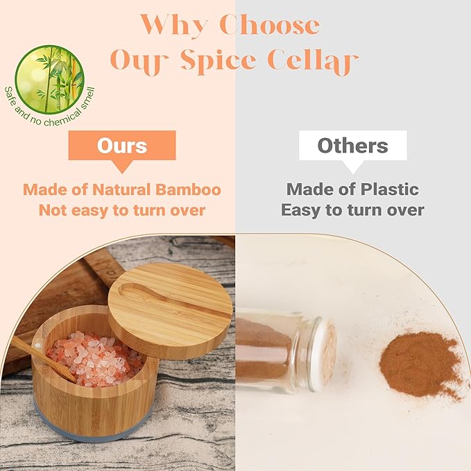 Bamboo Salt Cellar with Lid And Spoon, Grey Salt Box - Easy to Distinguish Spice In The Bowl, Salt Container With Magnetic Swivel Lid For Herbs Or Seasonings