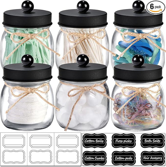 SheeChung 6 Pack Qtip Holders with Labels, Bathroom Organizers and Storage, Bathroom Decor, Apothecary Jars with Lids, Small Mason Jars for Qtips, Cottons, Floss, Balls, Cotton Swabs-Black