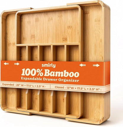 SMIRLY Silverware Drawer Organizer – Bamboo Kitchen Drawer Organizer, Adjustable Utensil Holder and Cutlery Tray, Drawer Dividers for Flatware and Kitchen Utensils | Adjustable