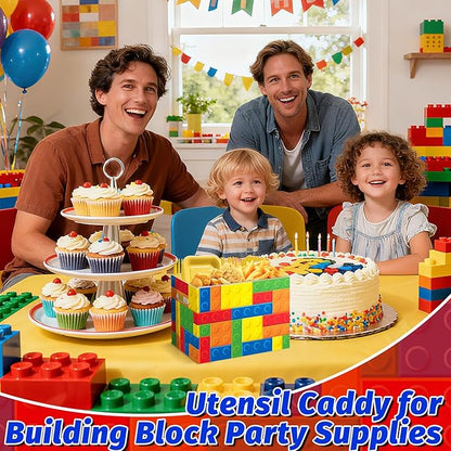 2PCS Building Block Utensil Holder Paper Utensil Caddy for Building Block Party Supplies Disposable Cutlery Holder with Handles Cutlery Caddy for Boys Birthday Party Decorations Colorful Snack Box