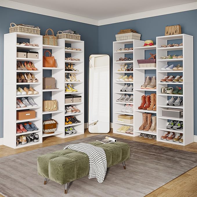 Little Tree 14-Tier Shoe Rack, Freestanding Tall Shoe Shelf, White Wooden Shoe Storage Cabinet with 22 Open Cubbies, 46 Pairs Wide Entryway Shoe Organizer Shoe Cabinet for Living Room, Bedroom