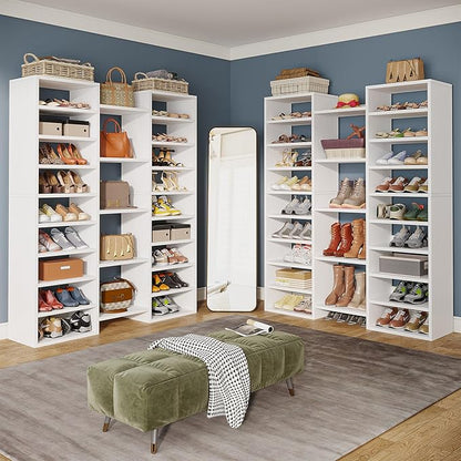 Little Tree 14-Tier Shoe Rack, Freestanding Tall Shoe Shelf, White Wooden Shoe Storage Cabinet with 22 Open Cubbies, 46 Pairs Wide Entryway Shoe Organizer Shoe Cabinet for Living Room, Bedroom