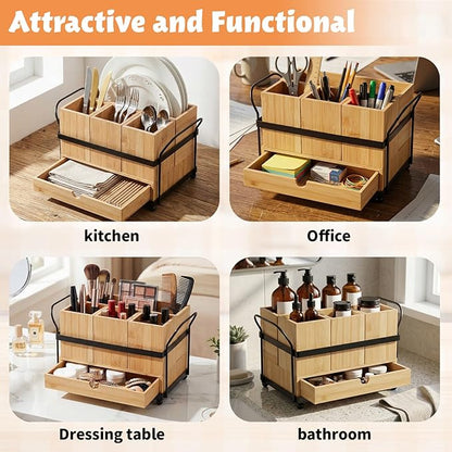 Qunclay Wooden Silverware Caddy with Drawer, Utensil Holder with 4 Compartments and Portable Handle, Removable Cutlery and Flatware Organizer for Forks, Spoons, Napkins, Kitchen Countertop