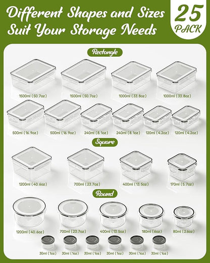 50 Piece Food Storage Containers with Lids(25 Containers & 25 Lids), BPA-Free Plastic Food Containers for Kitchen Storage and Organization, Leak Proof Meal Prep Container, Includes Labels & Pen