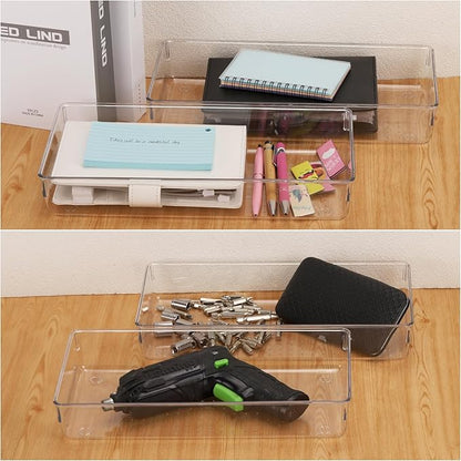 6Pcs Clear Plastic Drawer Organizers Tray 12" x 6.2" Storage Bins with 25Pcs Non-Slip Pads for Makeup, Jewelries, Kitchen Utensils, Bathroom and Office