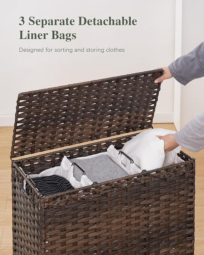 SETVSON Laundry Hamper with Lid 132 L, (35 Gallons) Clothes Hamper with Lid, Handwoven Rattan Laundry Hamper with Metal Heightened Feet, Laundry Hampers with 3 Removable Liner Bags for Laundry-Brown