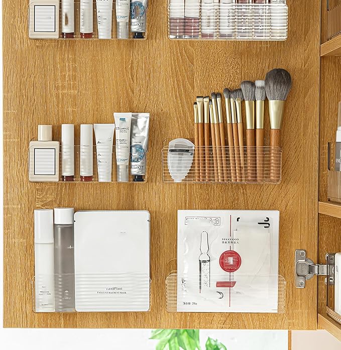 Bathroom Medicine Cabinet Organizer Set, Small Narrow Compact Shelves Holder Compartments for Lipstick, Facial Mask, 2 Pcs Trays for Cabinet Wall, Vanity - Clear