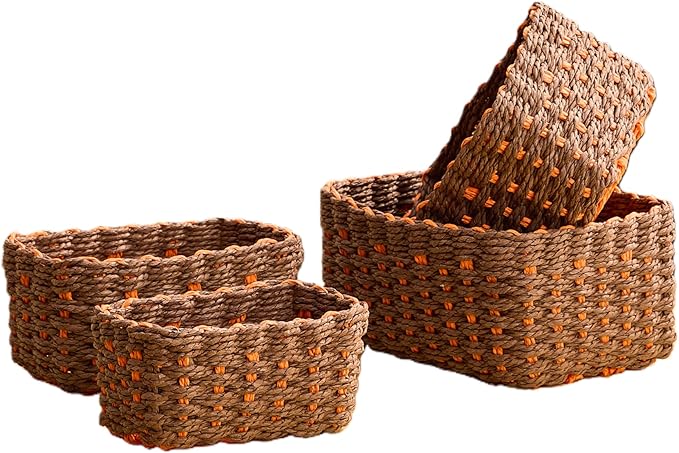 4PCS Woven Storage Baskets Set, Small Baskets for Organizing, Square Handwoven Paper Rope Organizer Bins for Shelves and Home Storage (Brown & Orange)
