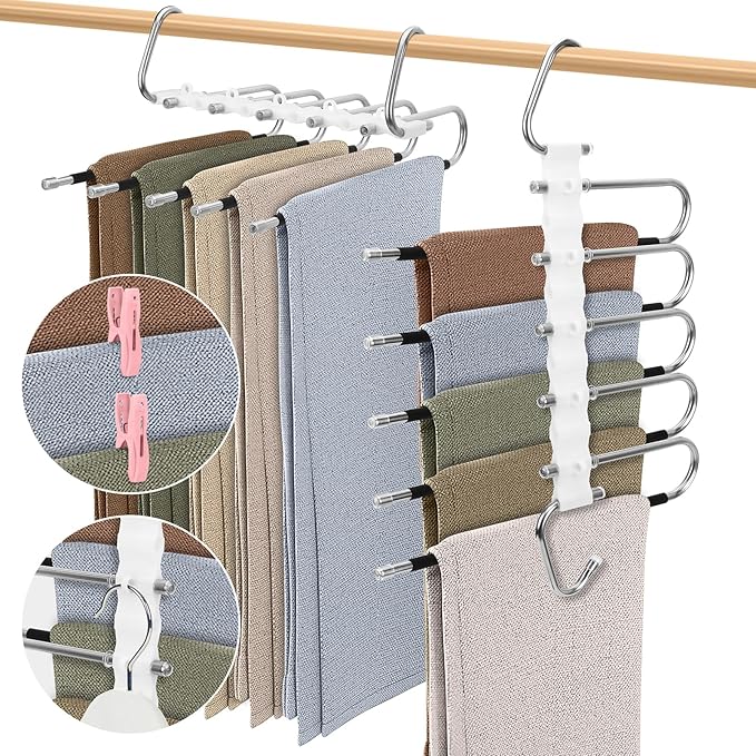 SANLIKE 2 Pack 5 Layers Pants Hangers Space-Saving Stainless Steel Closet Hangers 20pcs Fixed Clips Non-Slip Multi-Functional Pants Rack Two Hanging Modes for Trousers Jeans Leggings Scarf Skirts