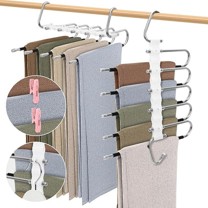 SANLIKE 2 Pack 5 Layers Pants Hangers Space-Saving Stainless Steel Closet Hangers 20pcs Fixed Clips Non-Slip Multi-Functional Pants Rack Two Hanging Modes for Trousers Jeans Leggings Scarf Skirts