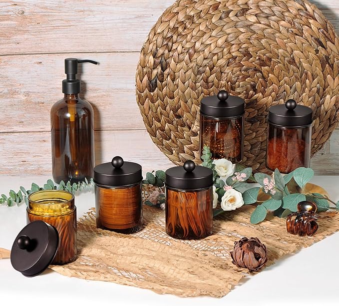Amolliar Amber Glass Qtip Holder, Apothecary Jars with Bronze Metal Lid & Stickers-Bathroom Qtip Dispenser Storage Organizer Set,Vanity Counter Canister for Cotton Swabs,Round Floss(2 Pack)