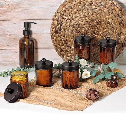 Amolliar Amber Glass Qtip Holder, Apothecary Jars with Bronze Metal Lid & Stickers-Bathroom Qtip Dispenser Storage Organizer Set,Vanity Counter Canister for Cotton Swabs,Round Floss(2 Pack)