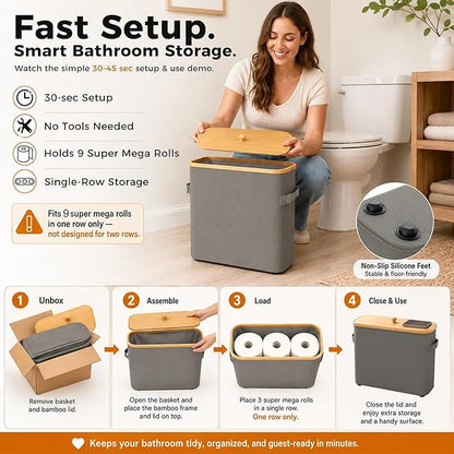 Premium Waterproof Toilet Paper Storage Box with Bamboo Lid - Fits 9 Mega Rolls, 900D Heavy-Duty Fabric Bathroom Organizer Bin with Elevated Base & Handles for Narrow Spaces (17.3"x 6.9"x 15.5")