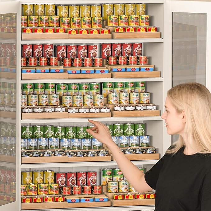 Expandable Can Rack Organizer for Pantry, 3 Tier Wooden Can holder, Canned Goods Organizer Holds Up to 24 Cans Soda, Cannd Food Storage Display for Cabinet, Pantry, Kicthen Countertop