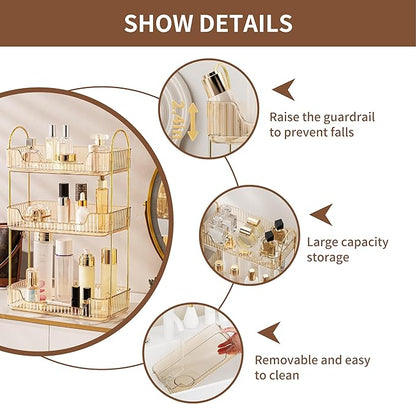 YCIA&DONE Bathroom Organizer Countertop, Makeup Storage, Skincare Cosmetic Tray Shelf, Perfume Holder Rack for Vanity Counter, Large Capacity, Easy to Install, Clean, 3 Tiers, Amber Gold
