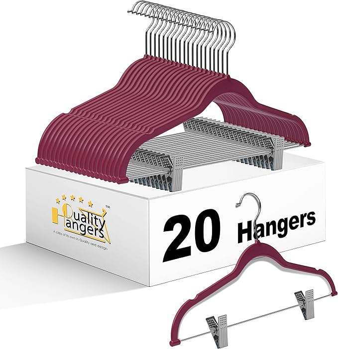 Quality Hangers Plastic Non Velvet Non-Flocked Thin Compact Skirt and Pant Hangers with Metal Clips - Suited for Pants Blouses Coats - 360° Swivel Hook (Raspberry, 20)