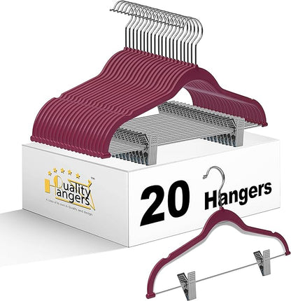 Quality Hangers Plastic Non Velvet Non-Flocked Thin Compact Skirt and Pant Hangers with Metal Clips - Suited for Pants Blouses Coats - 360° Swivel Hook (Raspberry, 20)