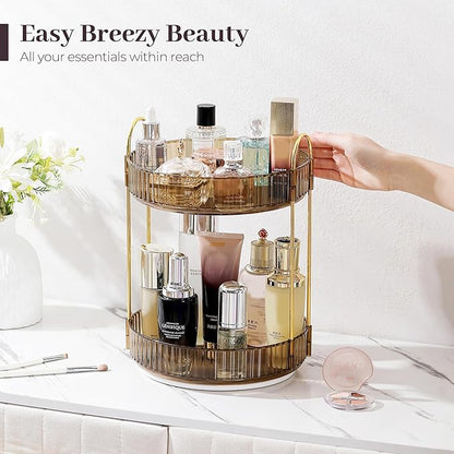 Aveniee 360 Rotating Makeup Organizer for Vanity, Perfume Sincare Organizers Bathroom Countertop Storage, Clear Cosmetics Lipstick Holder for Dresser,2 Tiers, Brown