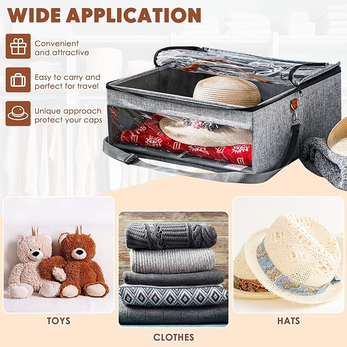 Kigley 3 Pcs Hat Storage Boxes, Hat Travel Case, Hats Organizer with Lids Cowboy Hat Holder for Baseball Caps Collapsible Foldable Stackable Hat Box for Men Women Home Closet, Grey