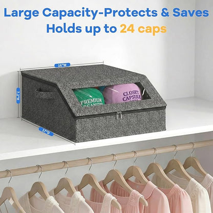 Hat Storage for Baseball Caps, Holds up to 24 Caps, Stackable Hat Organizer for Closet, Dustproof Hat Box with Clear Window, Hollow Board Support & 2 Handles, Flip-Top Access (Charcoal Gray)