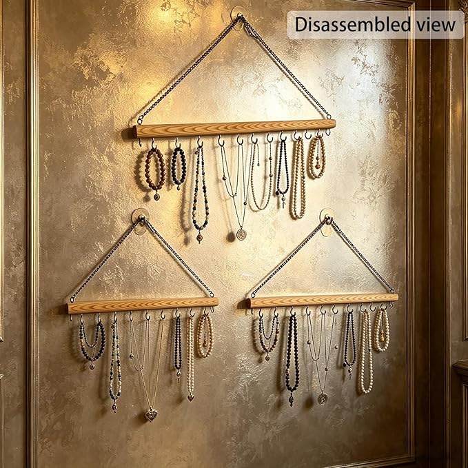 Hanging Jewelry Organizer with 36 Hooks - 15.7 Inch Hanging Wooden Display Rack for Necklaces, Bracelets, Earrings, Headbands - Space Saving Decor