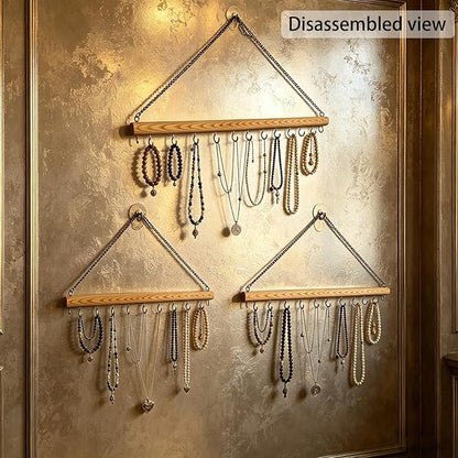 Hanging Jewelry Organizer with 36 Hooks - 15.7 Inch Hanging Wooden Display Rack for Necklaces, Bracelets, Earrings, Headbands - Space Saving Decor