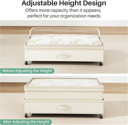 Kitstorack 2Pack Height-adjustable Under Bed Storage with Wheels, Under Bed Storage Containers,Under Bed Shoe Storage Organizer with Clear Window&Label, Suitable for Clothes Storage, Beige