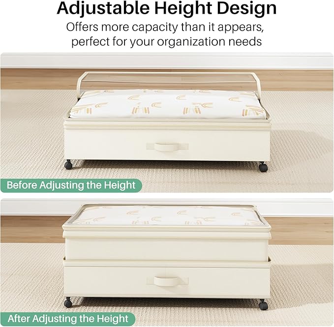 Kitstorack 4 Pack Height-adjustable Under Bed Storage with Wheels, Under Bed Storage Containers,Under Bed Shoe Storage Organizer with Clear Window&Label, Suitable for Clothes Storage, Beige