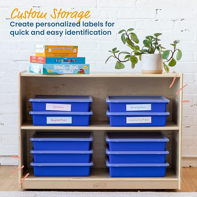 ECR4Kids Letter Size Plastic Tray Organizer with Lids, Small, Storage Bins, Blue, 10-Piece