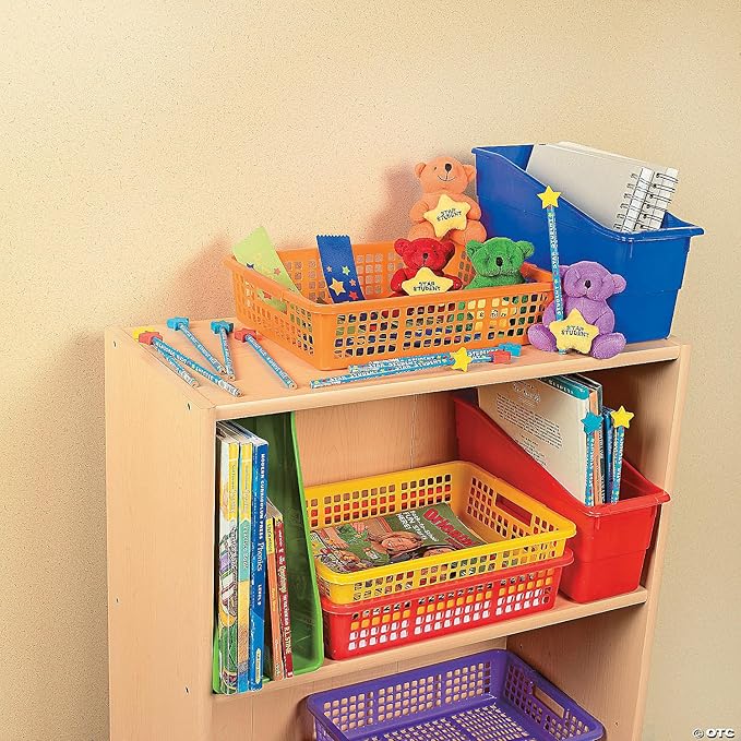 Fun Express Stackable Storage Bins 13x9.75x3 Inch - 6 Pack Colorful Plastic Storage Baskets with Handles for Classroom Organization | Paper Trays for Teachers, Office Storage & Home Organizing