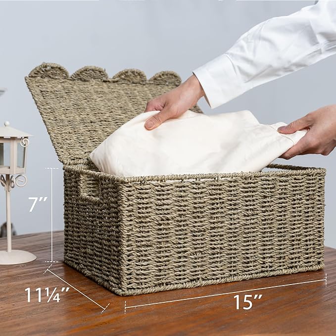 StorageWorks Scalloped Edge Wicker Basket, Seagrass Storage Baskets for Living Room, Bedroom, 15" L x 11 ¼" W x 7" H