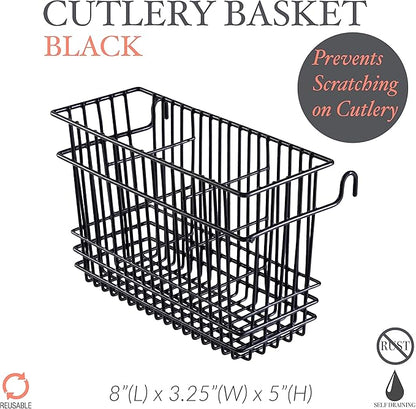 Kitchen Details Cutlery Basket | Hanging | Attach to Standard Dish Drying Rack | Utensil Caddy | Vinyl Coated | 3 Compartment | Black