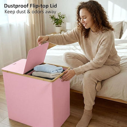 efluky Laundry Hamper with Lid, Double Laundry Basket with 2 Removable Bags, 2 Section Laundry Bin with Bamboo Handles for Bathroom, Bedroom & Laundry Room, 140L (36.9 Gallon) Pink