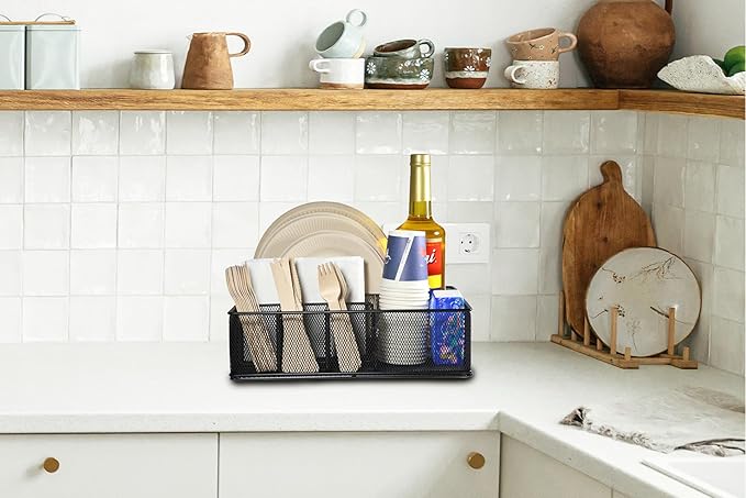 Metal Paper Plate Organizer & Utensil Holder for Countertop, Silverware Caddy Cutlery Flatware Organizer for Plastic Cup Forks Spoon Napkins, Paper Plate Holder for Picnic Camping Party