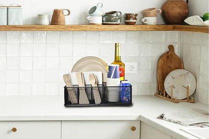 Metal Paper Plate Organizer & Utensil Holder for Countertop, Silverware Caddy Cutlery Flatware Organizer for Plastic Cup Forks Spoon Napkins, Paper Plate Holder for Picnic Camping Party
