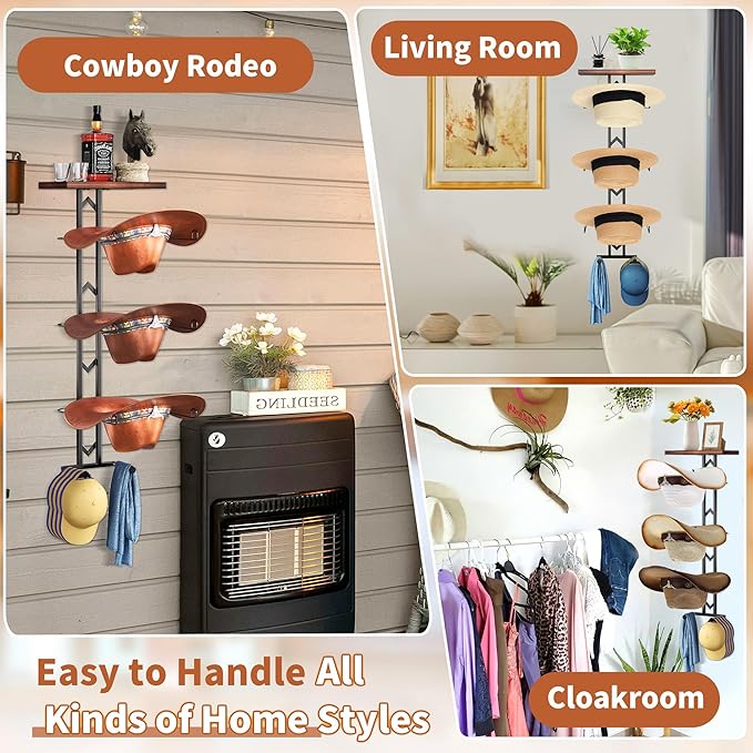 Cowboy Hat Rack for Wall, Hat Organizer for Baseball Caps, 3 Pieces Western Hats Hangers Holder with 2 Hooks, Rustic Wood Display Stand with Storage for Fedora,Sun Hats (Black)