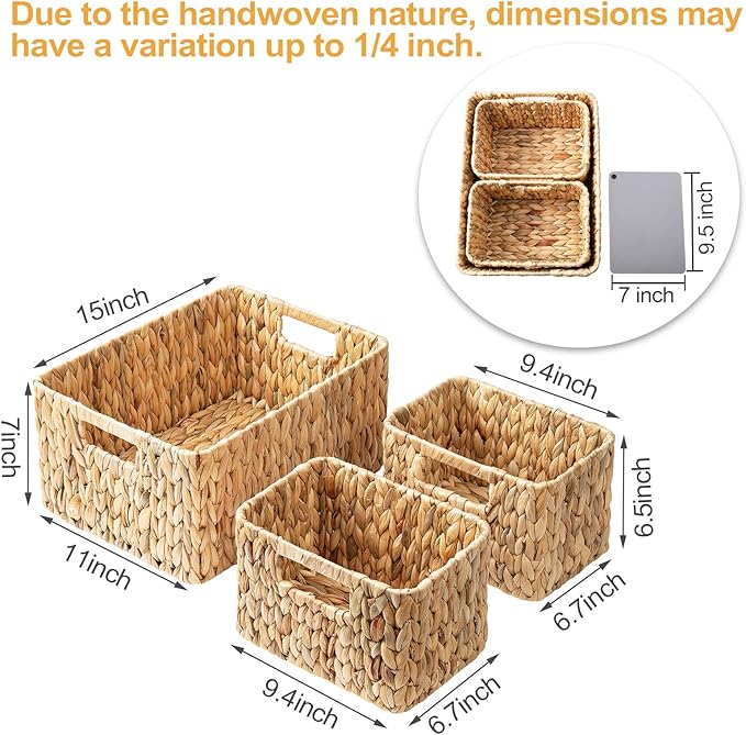 Wicker Storage Basket, 3 Pack Hand-Knitted Wicker Baskets, Water Hyacinth Storage Baskets with Built-in Handles