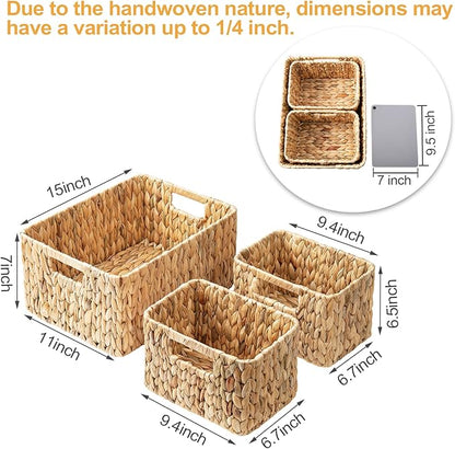 Wicker Storage Basket, 3 Pack Hand-Knitted Wicker Baskets, Water Hyacinth Storage Baskets with Built-in Handles