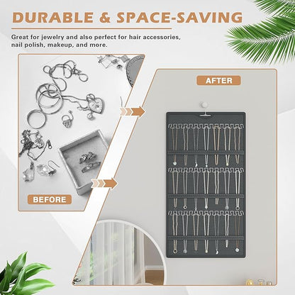 Hanging Jewelry Organizer Storage Roll, Double-Sided Necklaces Holder, 42 Pockets Plus 36 hooks Earrings Organizer Hang in Closet, On Wall, or Doors, Dark Gray