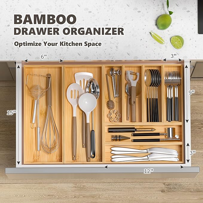 Kitchen Drawer Organizer Bins, Stackable Bamboo Deep Drawer Organizer for Silverware, Utensils, Cutlery, Flatware, Junk Drawer, Dresser, Bathroom, 9" x 3" x 2.5" (Set of 2)