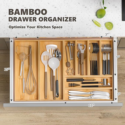 Kitchen Drawer Organizer Bins, Stackable Bamboo Deep Drawer Organizer for Silverware, Utensils, Cutlery, Flatware, Junk Drawer, Dresser, Bathroom, 9" x 3" x 2.5" (Set of 2)