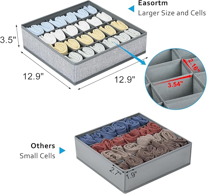 Sock Organizer 4 Pack, Foldable Underwear Drawer Organizer - 24 Cell for Socks, Handkerchiefs, Ties, Belts (Gray)