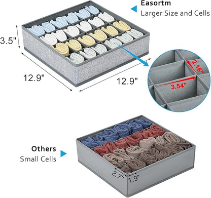 Sock Organizer 4 Pack, Foldable Underwear Drawer Organizer - 24 Cell for Socks, Handkerchiefs, Ties, Belts (Gray)