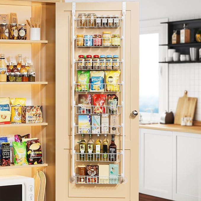 Delamu Over The Door Pantry Organizer, 8-Tier Metal Pantry Door Organization and Storage for Easy Install, Hanging Spice Rack Seasoning Shelves, Door Organizer for Kitchen, 4.65"D x 18"W x 65"H, White
