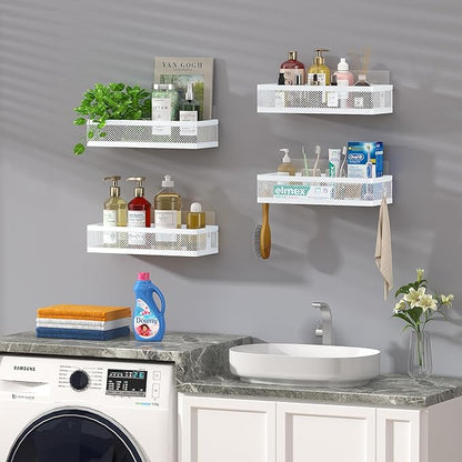 PUSDON Mesh Shower Caddy Wall Mount, Heavy Duty Adhesive Bathroom Shelf Organizer, Rustproof Floating Spice Rack for Kitchen Pantry, Holds 50 LBS, Multi-Purpose Storage White-2 Packs (Netting)