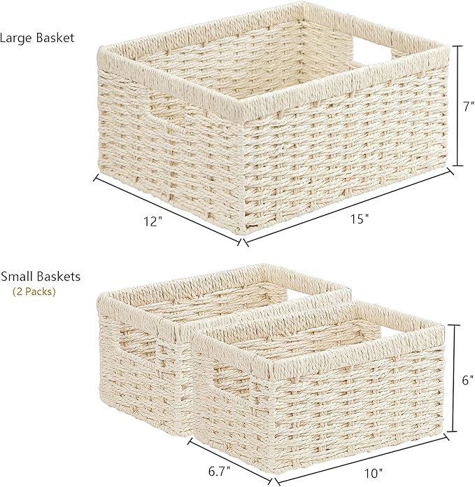Vagusicc Wicker Storage Basket, Set of 3 Wicker Basket, Hand-Woven Paper Rope Storage Baskets for Organizing, Large Cube Storage Organizer Bins Baskets for Shelves Small Toilet Paper Baskets, Beige