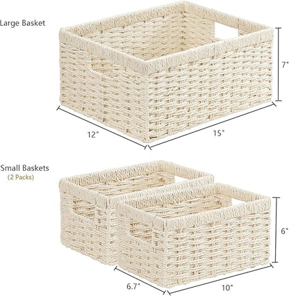 Vagusicc Wicker Storage Basket, Set of 3 Wicker Basket, Hand-Woven Paper Rope Storage Baskets for Organizing, Large Cube Storage Organizer Bins Baskets for Shelves Small Toilet Paper Baskets, Beige
