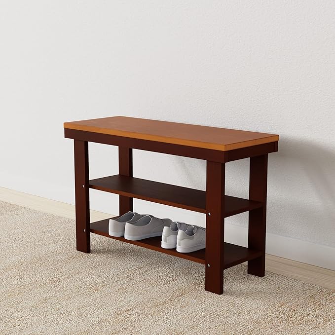 Amazon Basics Sturdy Solid Pine Wood Entryway Bench with Shoe Storage Organizer Rack, Espresso, 10.4"D x 27.56"W x 17.72"H